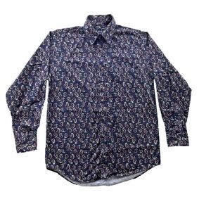 Vintage 90s Paisley Shirt Mens S Button Up Geometric Cotton Dark Navy Trader Bay